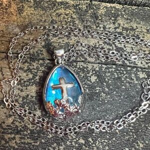 Silver and Blue Cross Pendant Necklace